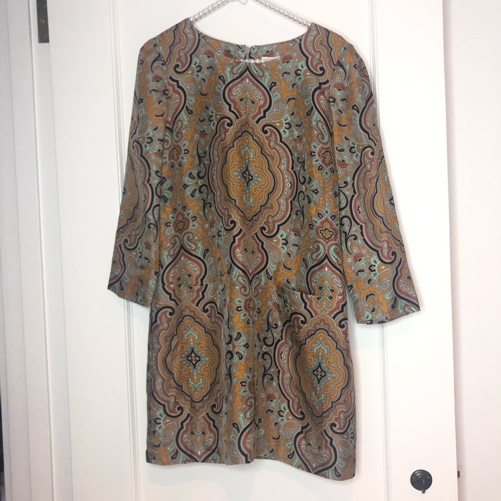 J. Crew Paisley Silk Dress Quarter Sleeve Mustard